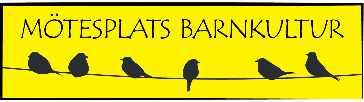 Texten "Mötesplats barnkultur" och illustration med siluetter av fåglar som sitter på telefontråd mot gul bakgrund.
