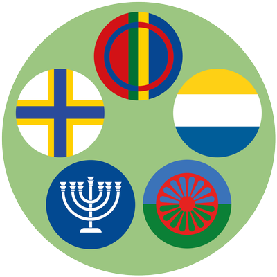 En grön cirkel med fem mindre cirklar i - i dessa symboler/flaggor för de nationella minoriteterna.