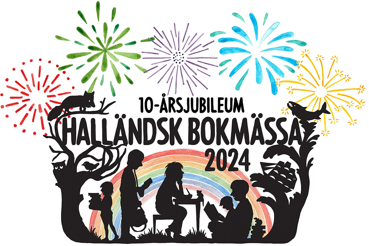 Symbol för Halländsk bokmässa med siluett av olika läsare och texten "10-årsjubileum Halländsk bokmässa 2024".