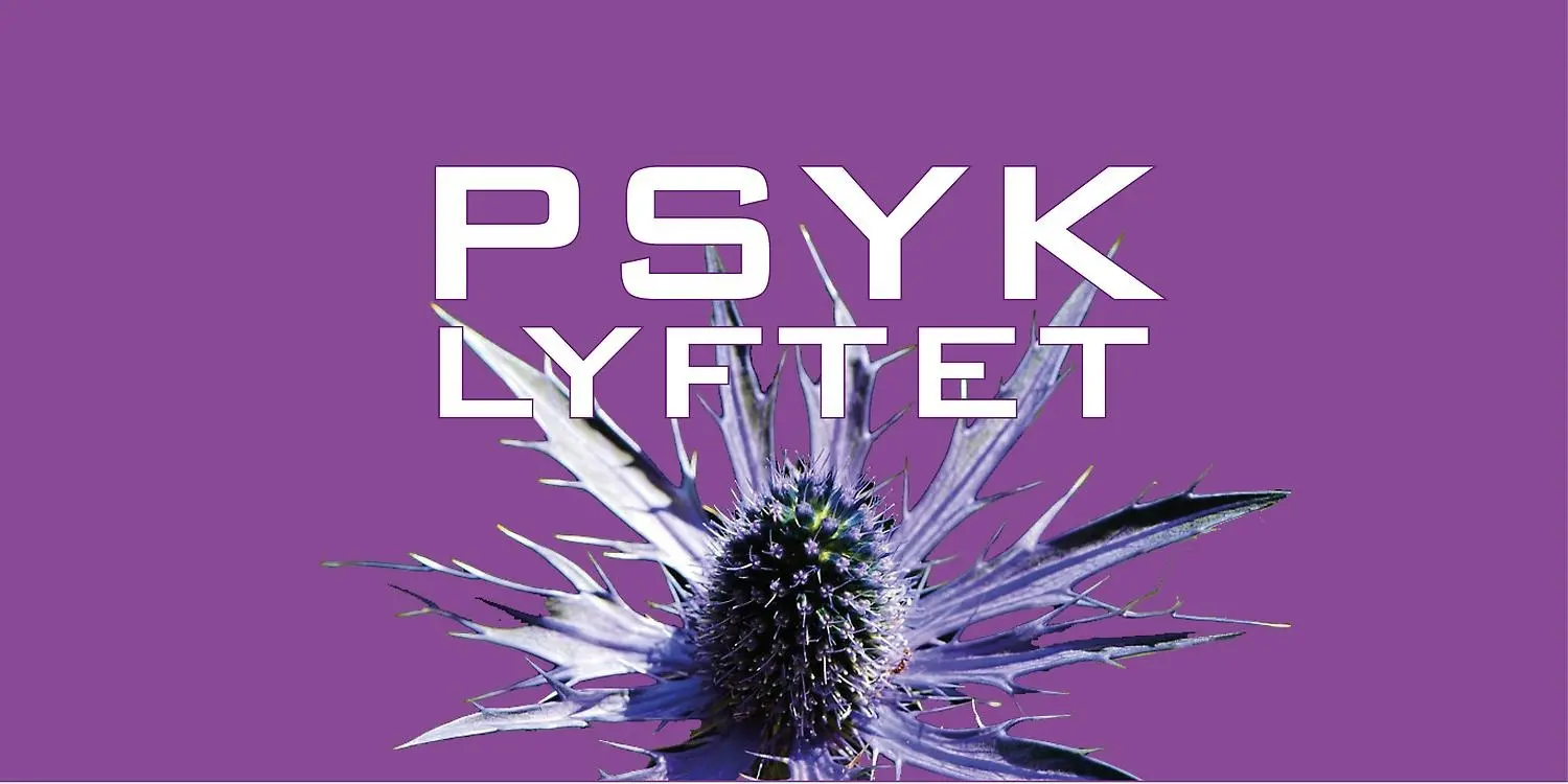 Bild med en tistelblomma på lila bottenplatta och texten "psyklyftet".