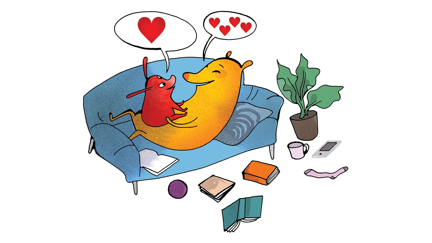 Illustration där en stor figur ligger i en soffa och har en liten figur som sitter i famnen. Från båda kommer pratbubblor med hjärtan. På golvet ligger böcker, en läsplatta, och andra föremål.