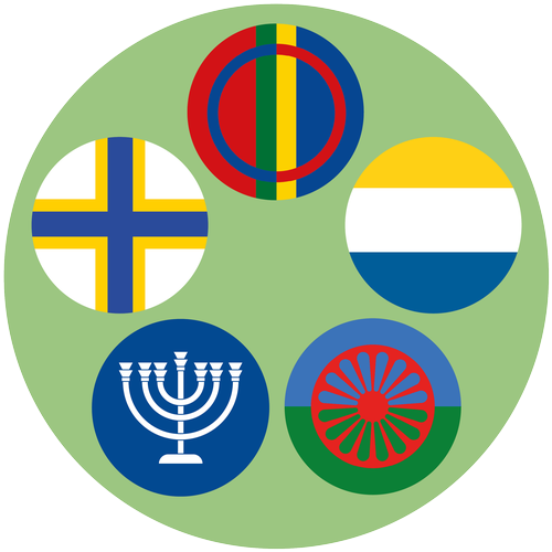 En cirkel med fem mindre cirklar i, i de mindre cirklarna visas utsnitt av de fem nationella minoriteternas flaggor eller symboler.