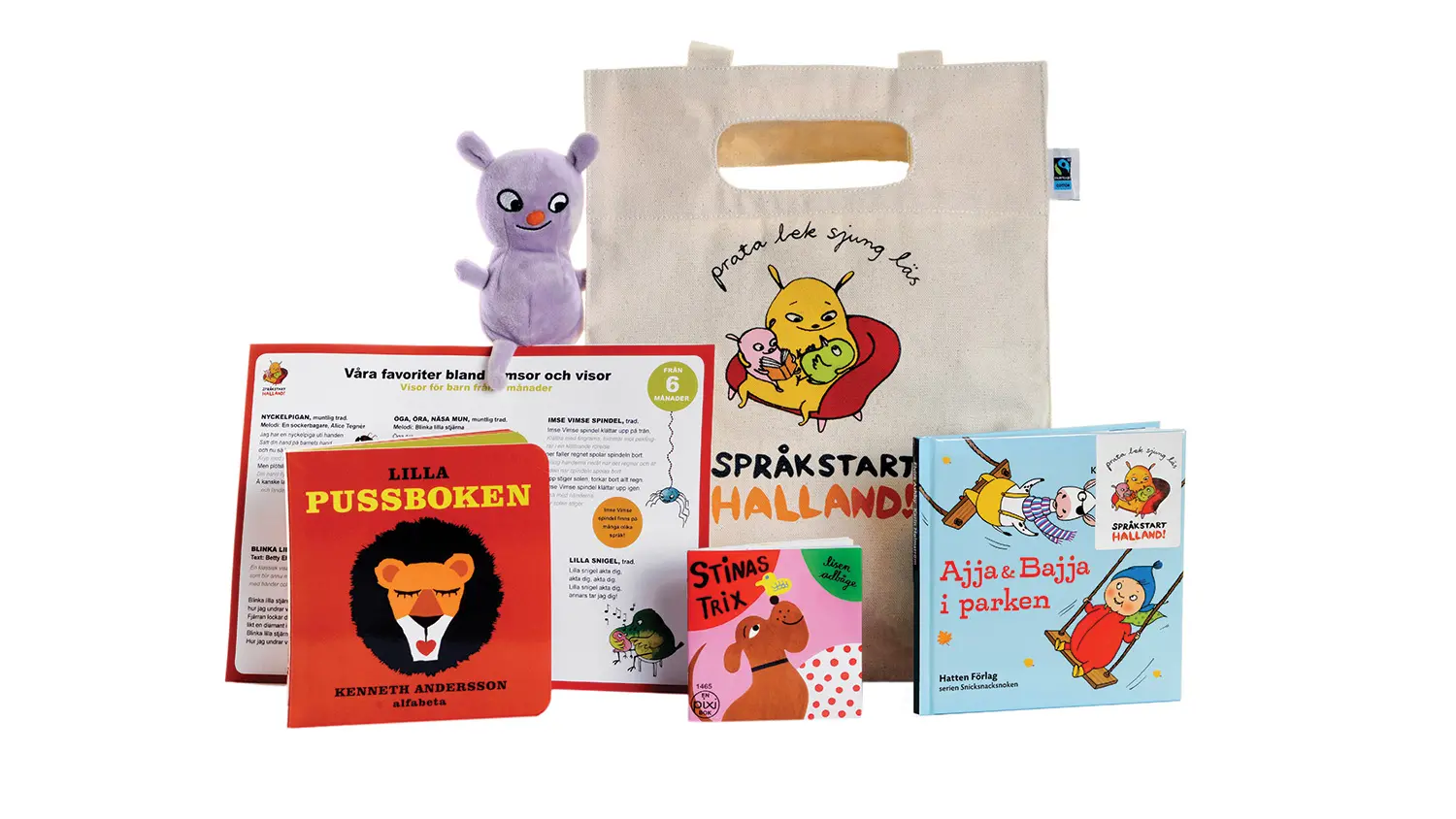 Språkpaket 1 med en väska, ett gosedjur, böcker och ett ark med ramsor.