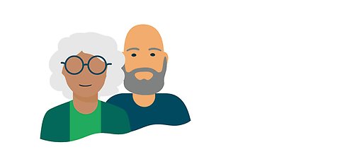 Illustration av en äldre man utan hår, med skägg, och en äldre kvinna med grått hår och glasögon