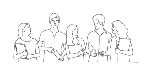Illustration med en enkel svart linje som föreställer fem människor som står och pratar med varandra.